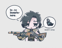 Rule 34 | 1boy, 30-30 repeater, animification, apex legends, black eyes, black hair, cfcult7825, chibi, computer, crypto (apex legends), grey background, gun, holding, holding gun, holding weapon, jacket, laptop, male focus, open mouth, portrait, rifle, solo, weapon, white jacket