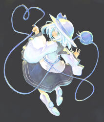 Rule 34 | 1girl, alternate color, boots, bright pupils, colored eyelashes, commentary request, frilled sleeves, frills, green eyes, grey background, grey ribbon, grey skirt, hat, hat ribbon, heart, heart of string, highres, komeiji koishi, long sleeves, medium hair, ribbon, shirt, simple background, skirt, solo, third eye, touhou, white footwear, white hair, white hat, white pupils, white shirt, wide sleeves, yamasina009