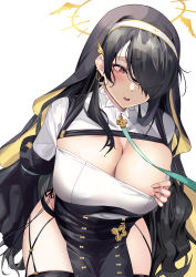 Rule 34 | 1girl, absurdres, black hair, black thighhighs, blue archive, breasts, cleavage, habit, hair over one eye, halo, highres, hinata (blue archive), large breasts, leash, namazu (yamasonson), nun, parted lips, pelvic curtain, red eyes, simple background, solo, thighhighs, white background