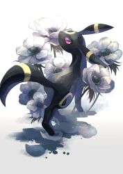 Rule 34 | commentary request, creatures (company), eko (wk egg), flower, game freak, gen 2 pokemon, highres, looking at viewer, looking back, nintendo, no humans, pokemon, pokemon (creature), purple eyes, solo, standing, twitter username, umbreon, watermark, white background