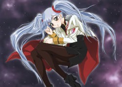 Rule 34 | 1990s (style), blue hair, boots, cape, hoshino ruri, kidou senkan nadesico, kidou senkan nadesico - prince of darkness, long hair, pantyhose, side slit, skirt, space, twintails, uniform, yomi (indigoriver)
