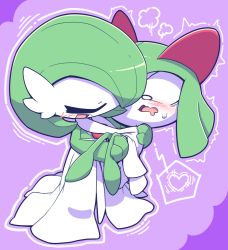 Rule 34 | 2girls, puff of air, age difference, blush, bob cut, carrying, chibi, child, closed eyes, colored skin, constricted pupils, creatures (company), drooling, female focus, flat chest, full body, game freak, gardevoir, gen 3 pokemon, green hair, green skin, hair over one eye, hands on another&#039;s shoulders, hands up, heart, kirlia, looking at another, multicolored skin, multiple girls, nettsuu, nintendo, onee-loli, open mouth, pokemon, pokemon (creature), princess carry, purple background, short hair, sideways mouth, simple background, speech bubble, spoken heart, standing, sweat, sweatdrop, trembling, two-tone background, two-tone skin, wavy mouth, white eyes, white skin, wide-eyed, yuri