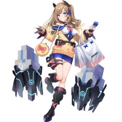 Rule 34 | 1girl, aqua eyes, armored boots, artist request, bag, bare shoulders, belt pouch, black choker, black gloves, blue bow, blue necktie, blue sailor collar, blue skirt, blush, boots, bow, box, breasts, buttons, cardigan, cellphone, chain, choker, collarbone, cross-laced footwear, cross-laced straps, final gear, fingerless gloves, fingernails, full body, gloves, gun, hair behind ear, hair bow, hair ornament, handbag, highres, holding, holding phone, horizontal-striped cardigan, horizontal-striped sleeve cuffs, leg up, light brown hair, logo print, long sleeves, looking at viewer, mary (final gear), medium breasts, medium hair, nail polish, necktie, non-humanoid robot, off-shoulder shirt, off shoulder, official art, one side up, open mouth, phone, pink bow, pink nails, pointing, pouch, red pupils, robot, sailor collar, shirt, shirt bow, shopping bag, side ponytail, simple background, skirt, smartphone, smile, solo, striped collar, tachi-e, teeth, thigh strap, third-party source, transparent background, two-tone sleeve cuffs, wavy ends, weapon, weapon request, yellow bag, yellow cardigan, yellow sleeves