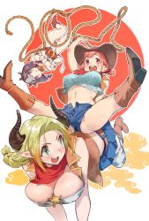 Rule 34 | 3girls, :d, all fours, animal ears, animal print, arm above head, bandana, belt, blonde hair, blue shorts, blue skirt, blush, boots, braid, breasts, breasts apart, brown belt, brown footwear, brown headwear, chest belt, cleavage, cow ears, cow girl, cow horns, cow print, cow tail, cowboy, cowboy hat, cowboy western, fang, green eyes, hand up, hat, high heel boots, high heels, highres, holding lasso, horns, large breasts, lasso, leotard, micro shorts, miniskirt, multiple girls, navel, nonco, open mouth, original, parted lips, pleated skirt, purple hair, riding, shorts, skirt, smile, spread legs, tail, thighhighs, western