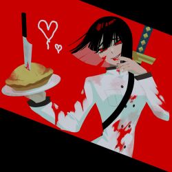 Rule 34 | 1girl, black hair, blood, blood on clothes, chef, heart, highres, holding, holding plate, knife, limbus company, meat pie, no 710, ootachi, parted lips, plate, project moon, red background, ryoshu (project moon), short hair, simple background, smile, solo