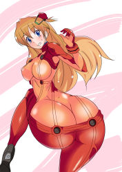Rule 34 | 1girl, ass, ass focus, blush, bodysuit, butt crack, curvy, embarrassed, evangelion: 2.0 you can (not) advance, huge ass, interface headset, leg up, long hair, looking at viewer, looking back, neon genesis evangelion, orange hair, plugsuit, rebuild of evangelion, red bodysuit, see-through, see-through bodysuit, shijima (pixiv1182172), shiny clothes, solo, souryuu asuka langley, sweat, test plugsuit, two side up, very long hair, wide hips