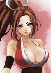 Rule 34 | 1girl, bare shoulders, breasts, brown hair, cleavage, fatal fury, highres, large breasts, lips, long hair, ninja, ponytail, re tow, shiranui mai, the king of fighters, upper body