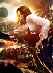 Rule 34 | black hair, black high heels, blood, blood on clothes, blood on face, chinese (nationality), dead island, high heels, machete, official art, red skirt, reflection, shirt, skirt, tree, umbrella, white shirt, xian mei, zombie