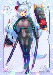 Rule 34 | 1girl, ;d, animal ears, blue hair, braid, breasts, brown leotard, commentary request, commission, cosplay, cosplay request, covered navel, crown braid, fate/grand order, fate (series), holding, holding weapon, horse ears, horse girl, horse tail, kou hiyoyo, large breasts, leotard, long hair, looking at viewer, mejiro ardan (umamusume), one eye closed, open mouth, parted bangs, purple eyes, skeb commission, smile, solo, striped background, tail, umamusume, very long hair, weapon