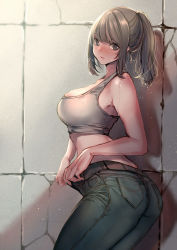 Rule 34 | 1girl, against wall, amane ruri, ass, breasts, commentary request, denim, grey eyes, grey hair, highres, jeans, large breasts, looking at viewer, medium hair, midriff, original, pants, ponytail, sidelocks, solo, sports bra, sweat