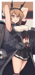Rule 34 | 1girl, armpits, arms up, black skirt, breasts, brown eyes, brown hair, capelet, cowboy shot, crest, gloves, hairband, headgear, highres, kantai collection, kkkhosuke, large breasts, looking at viewer, machinery, miniskirt, multicolored background, mutsu (kancolle), mutsu kai ni (kancolle), parted lips, pleated skirt, radio antenna, short hair, skirt, solo, standing, white gloves