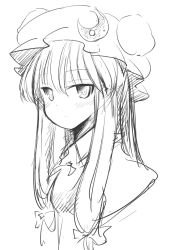 Rule 34 | 1girl, coo (coonekocoo), female focus, greyscale, hat, monochrome, patchouli knowledge, portrait, simple background, sketch, solo, touhou