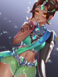 Rule 34 | 1girl, aqua nails, artist name, backlighting, bare shoulders, black hair, blush, dark-skinned female, dark skin, dutch angle, earrings, elbow gloves, eyes visible through hair, figure skater symmetra, finger to mouth, gloves, gradient background, green skirt, grey background, hair bun, heart, heart-shaped pupils, highres, jewelry, kaoruru (sakuno2911), light particles, looking at viewer, midriff, nail polish, official alternate costume, overwatch, overwatch 1, panties, pinky to mouth, see-through, short hair, single glove, single hair bun, skirt, smile, solo, sparkle, symbol-shaped pupils, symmetra (overwatch), tattoo, thighhighs, twitter username, underwear, white gloves, yellow eyes