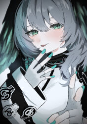 Rule 34 | 1girl, 773yuusya, absurdres, aqua nails, arknights, black wings, blush, close-up, commentary request, dress, feathered wings, fingernails, gloves, green eyes, grey hair, head wings, highres, ho&#039;olheyak (arknights), long sleeves, looking at viewer, nail polish, short hair, solo, tongue, tongue out, v, white dress, white gloves, wings