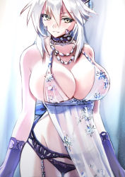 Rule 34 | 1girl, artoria pendragon (fate), artoria pendragon (lancer alter) (fate), artoria pendragon (lancer alter) (royal icing) (fate), bare shoulders, black panties, breasts, cleavage, closed mouth, commentary request, fate/grand order, fate (series), garter belt, garter straps, gloves, hhh (wave), huge breasts, lingerie, looking at viewer, official alternate costume, panties, purple gloves, see-through, silver hair, solo, thighs, underwear, yellow eyes