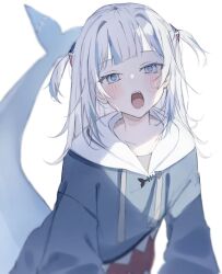 Rule 34 | 1girl, animal costume, blue eyes, blue hair, blue hoodie, blunt bangs, blush, fins, fish tail, gawr gura, gawr gura (1st costume), grey hair, hair ornament, highres, hololive, hololive english, hood, hoodie, kagaku o, looking at viewer, medium hair, multicolored hair, open mouth, shark costume, shark girl, shark hair ornament, shark tail, sharp teeth, sidelocks, solo, streaked hair, tail, teeth, upper teeth only, virtual youtuber