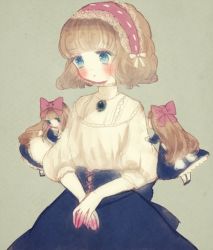 Rule 34 | 1girl, alice margatroid, alternate costume, apron, bad id, bad pixiv id, blonde hair, blouse, blue eyes, blush, bow, brooch, facing away, flying, grey background, hair bow, hairband, high collar, jewelry, lolita hairband, long hair, own hands together, puffy short sleeves, puffy sleeves, shanghai, shanghai doll, shirt, short hair, short sleeves, simple background, skirt, solo, touhou, waist apron, yujup