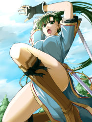 Rule 34 | 1girl, arms up, black gloves, blue tunic, boots, brown footwear, day, delsaber, earrings, fingerless gloves, fire emblem, fire emblem: the blazing blade, floating hair, from below, gloves, green eyes, green hair, hair between eyes, high ponytail, holding, holding sword, holding weapon, jewelry, jumping, knee boots, long hair, lyn (fire emblem), nintendo, open mouth, outdoors, side slit, solo, sword, very long hair, weapon