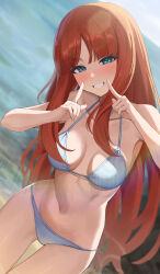 Rule 34 | 1girl, absurdres, beach, bikini, blush, breasts, genshin impact, green eyes, grin, highres, large breasts, long hair, looking at viewer, low twintails, nilou (genshin impact), red hair, sidelocks, smile, solo, sp123, swimsuit, thighs, twintails, white bikini