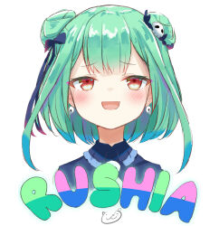 Rule 34 | 1girl, absurdres, blue ribbon, blush, character name, commentary request, cropped shoulders, double bun, earrings, fang, green hair, hair bun, hair ornament, hair ribbon, highres, hololive, jewelry, looking at viewer, open mouth, red eyes, ribbon, short hair, sidelocks, simple background, skull brooch, skull earrings, skull hair ornament, smile, solo, straight-on, toshizou (0714), uruha rushia, uruha rushia (1st costume), virtual youtuber, white background