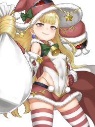 Rule 34 | 1girl, alternate costume, armpit crease, blonde hair, cape, christmas, covered navel, detached sleeves, earrings, eitri (fire emblem), fire emblem, fire emblem heroes, gluteal fold, hat, highres, jewelry, long hair, looking at viewer, miniskirt, nintendo, prehensile hair, red eyes, santa costume, santa hat, skirt, smile, striped clothes, striped thighhighs, thighhighs, user ppkj7438, white background