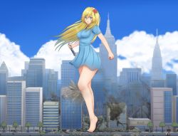 Rule 34 | &gt;:), 1girl, bare legs, barefoot, bartondh, blonde hair, blood, blue eyes, blue sky, blush, breasts, building, city, clenched hand, closed mouth, cloud, day, destruction, dress, flower, full body, giant, giantess, hair flower, hair ornament, holding, long hair, medium breasts, outdoors, road, scar, scar across eye, scar on face, short dress, short sleeves, sky, skyscraper, smile, standing, street, tsurime, v-shaped eyebrows