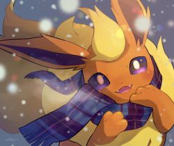 Rule 34 | clothed pokemon, commentary, creatures (company), fangs, flareon, floating scarf, game freak, gen 1 pokemon, head tilt, highres, looking at viewer, nintendo, no humans, nullma, open mouth, plaid, plaid scarf, pokemon, pokemon (creature), purple eyes, scarf, smile, snowing, solo