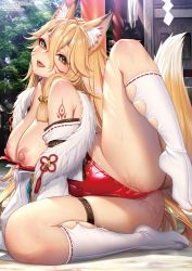 Rule 34 | 1girl, animal ears, artist name, ass, bare shoulders, blonde hair, blush, breasts, comic unreal, covered navel, detached sleeves, fang, fox ears, fox girl, fox tail, highres, kneehighs, large breasts, legs folded, leotard, long hair, looking at viewer, masami chie, nipples, open mouth, red leotard, saliva, socks, solo, spread legs, sweat, tail, thigh strap, white socks, yellow eyes