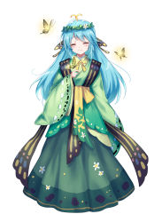 Rule 34 | 1girl, adapted costume, akinomiya asuka, alternate hair length, alternate hairstyle, animal, antennae, aqua hair, blush, bug, butterfly, closed mouth, commission, eternity larva, closed eyes, full body, green hakama, green kimono, hair between eyes, hakama, head wreath, highres, insect, japanese clothes, kimono, leaf, leaf on head, long hair, simple background, sleeves past fingers, sleeves past wrists, smile, solo, touhou, white background, wide sleeves