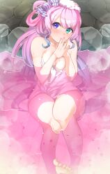 Rule 34 | 1girl, absurdres, aqua eyes, barefoot, blush, breasts, candy hair ornament, cleavage, closed mouth, collarbone, feet, fingernails, food-themed hair ornament, gradient hair, hair ornament, heterochromia, highres, himemori luna, hololive, legs, long hair, looking at viewer, medium breasts, multicolored hair, naked towel, nyas0123, onsen, own hands together, partially submerged, petals, petals on liquid, pink hair, pink theme, pink water, purple eyes, raised eyebrows, rock, signature, soaking feet, solo, swept bangs, thighs, toenails, towel, virtual youtuber, water, wavy hair, wet, white towel