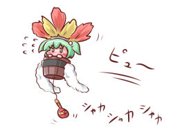 Rule 34 | 1girl, blush, bucket, feathers, female focus, green eyes, green hair, hair bobbles, hair ornament, in bucket, in container, instrument, kisume, maitora, maracas, matching hair/eyes, short hair, solo, touhou, twintails, white background