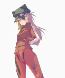 Rule 34 | 1girl, absurdres, artist request, blue eyes, bodysuit, breasts, brown hair, evangelion: 3.0 you can (not) redo, expressionless, eyepatch, hair ornament, hands in pockets, hat, highres, interface headset, jacket, long hair, looking at viewer, medium breasts, neon genesis evangelion, plugsuit, rebuild of evangelion, shiny clothes, simple background, solo, souryuu asuka langley, standing, very long hair, white background