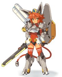 Rule 34 | 1girl, ahoge, armor, arms at sides, black gloves, black panties, cable, cable tail, closed mouth, commentary, energy sword, english commentary, full body, gloves, green eyes, highres, holding, holding sword, holding weapon, looking at viewer, mecha musume, mechanical tail, medium hair, orange hair, original, panties, pauldrons, red sweater, red thighhighs, ribbed sweater, rigging, robot ears, shoulder armor, simple background, solo, standing, sweater, sword, tail, thighhighs, turtleneck, turtleneck sweater, underwear, vins-mousseux, weapon, white background