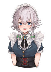 Rule 34 | adapted costume, appleseed (appleseed art), bad id, bad pixiv id, blue eyes, blue shirt, blush, bow, braid, breasts, brooch, cropped torso, earrings, green bow, grey hair, hair between eyes, izayoi sakuya, jewelry, looking at viewer, maid headdress, medium breasts, open mouth, shirt, simple background, smile, solo, teeth, touhou, twin braids, upper body, upper teeth only, white background