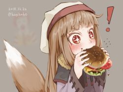 Rule 34 | !, + +, 1boy, 1girl, blunt bangs, blush, burger, dated, eating, fang, food, hat, holo, kagikake, light brown hair, long hair, mcdonald&#039;s, red eyes, ronald mcdonald, sidelocks, spice and wolf, tail, twitter username, upper body, wolf tail
