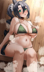Rule 34 | 1girl, absurdres, alternate costume, animal ears, aqua eyes, bare shoulders, bikini, black border, black hair, blush, border, breasts, cleavage, commentary request, ear ornament, feet out of frame, green bikini, green eyes, hair between eyes, hand on own chest, highres, horse ears, horse girl, horse tail, indoors, large breasts, long hair, looking at viewer, multicolored hair, navel, official alternate costume, open mouth, po musubi, ponytail, satono crown (umamusume), sauna, sitting, solo, steam, steaming body, streaked hair, sweat, swimsuit, tail, umamusume, white hair, wide hips