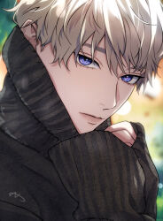 Rule 34 | 1boy, bishounen, black sweater, blue eyes, blurry, bokeh, commentary request, depth of field, eyelashes, grey hair, highres, looking at viewer, love and deepspace, male focus, pink lips, portrait, ribbed sweater, short hair, signature, solo, sweater, sytir, turtleneck, turtleneck sweater, xavier (love and deepspace)