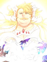 Rule 34 | 1boy, blonde hair, bow, commentary request, cosplay, crossdressing, crossover, double chin, double exposure, dress, facial hair, fat, fat man, fate/grand order, fate (series), floating hair, gloves, goredolf musik, hair bow, half-closed eyes, highres, kaname madoka, long hair, long sleeves, magical boy, mahou shoujo madoka magica, mahou shoujo madoka magica (anime), male focus, mustache, nebula, open mouth, pectorals, reaching, reaching towards viewer, smile, solo, twintails, ultimate madoka, ultimate madoka (cosplay), upper body, white gloves, wide sleeves, yellow eyes