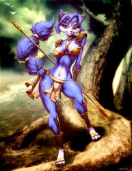 Rule 34 | 1girl, armor, bikini, bikini top only, blue hair, cloud, contrapposto, furry, furry female, genzoman, green eyes, hair ornament, hand on own hip, headband, jewelry, krystal, loincloth, looking at viewer, markings, midriff, navel, necklace, nintendo, polearm, river, sandals, short hair, shoulder pads, signature, smile, solo, spear, staff, star fox, swimsuit, tattoo, toes, tree, tribal, water, weapon