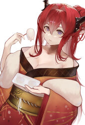 Rule 34 | 1girl, :t, absurdres, alternate costume, alternate hairstyle, arknights, bare shoulders, breasts, cleavage, closed mouth, collarbone, eating, food, food on face, hair bun, hair intakes, highres, horns, japanese clothes, kimono, kimono pull, large breasts, long hair, long sleeves, looking at viewer, mochi, obi, off shoulder, purple eyes, red hair, red kimono, samidareame, sash, simple background, single hair bun, solo, surtr (arknights), white background, wide sleeves