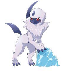 Rule 34 | absol, bright pupils, claws, closed mouth, creatures (company), ecru, game freak, gen 3 pokemon, horns, ice, nintendo, no humans, pokemon, pokemon (creature), red eyes, single horn, smile, solo, white background, white hair, white pupils