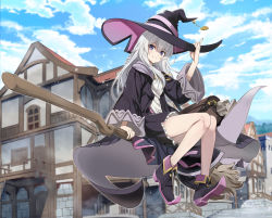 Rule 34 | 1girl, black footwear, black hat, black robe, black skirt, blue sky, braid, breasts, broom, broom riding, brown bag, cityscape, closed mouth, cloud, cloudy sky, commentary, day, elaina (majo no tabitabi), frilled skirt, frills, full body, grey hair, hair between eyes, hand on headwear, hat, long hair, long sleeves, looking at viewer, majo no tabitabi, neck ribbon, nyoro (nyoronyoro000), open clothes, open robe, outdoors, outline, pleated skirt, purple eyes, ribbon, robe, scroll, shirt, sidelocks, skirt, sky, small breasts, smile, solo, white outline, white shirt, wide sleeves, witch, witch hat, yellow ribbon