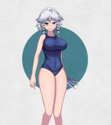 Rule 34 | 1girl, blue eyes, braid, breasts, cameltoe, covered navel, female focus, highres, izayoi sakuya, knife, large breasts, legs, long legs, maid headdress, naughty face, one-piece swimsuit, safurantora, school swimsuit, silver hair, solo, swimsuit, thighs, throwing knife, touhou, weapon