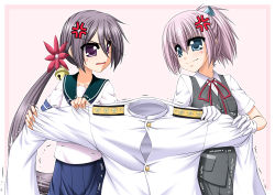 Rule 34 | &gt;:|, 10s, 2girls, :|, akebono (kancolle), anger vein, angry, bell, blouse, blue eyes, blue skirt, buttons, closed mouth, clothes pull, collarbone, eye contact, flower, gloves, grey skirt, hair bell, hair between eyes, hair flower, hair ornament, kantai collection, kiryuu makoto, long hair, long sleeves, looking at another, multiple girls, neck ribbon, open mouth, pink hair, pleated skirt, ponytail, purple eyes, purple hair, red ribbon, ribbon, school uniform, serafuku, shiranui (kancolle), shirt, shirt pull, short hair, short ponytail, side ponytail, skirt, trembling, v-shaped eyebrows, very long hair, vest, white gloves, white shirt