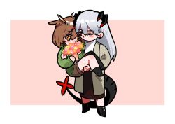 Rule 34 | 2girls, arknights, black footwear, black skirt, border, bouquet, brown footwear, brown hair, brown shorts, carrying, chibi, coat, dragon girl, dragon tail, feather hair, flower, glasses, green sweater, grey hair, highres, holding, holding bouquet, horns, multiple girls, one eye closed, orange eyes, overcoat, owl ears, owl girl, pink background, princess carry, rotem 02, saria (arknights), shorts, silence (arknights), skirt, sweater, tail, turtleneck, turtleneck sweater, white border, white sweater