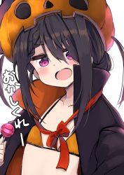 Rule 34 | 1girl, amano kouki, bikini, bikini under clothes, black jacket, blush, bow, braid, braided bangs, brown hair, candy, collarbone, commentary request, food, hair over one eye, highres, holding, holding candy, holding food, holding lollipop, jack-o&#039;-lantern, jacket, lollipop, long hair, looking at viewer, note-chan, open clothes, open jacket, open mouth, orange bikini, original, pumpkin hat, purple eyes, red bow, simple background, solo, swimsuit, v-shaped eyebrows, white background