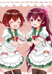 Rule 34 | 2girls, :d, ^ ^, apron, black legwear, blush, brown hair, closed eyes, cocoperino, cowboy shot, closed eyes, facing another, gradient hair, green skirt, hair ornament, holding hands, kantai collection, kisaragi (kancolle), long hair, looking at another, maid apron, multicolored hair, multiple girls, mutsuki (kancolle), open mouth, pleated skirt, puffy short sleeves, puffy sleeves, purple eyes, red hair, school uniform, serafuku, short hair, short sleeves, skirt, smile, thighhighs