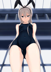 Rule 34 | 10s, 1girl, alternate costume, blonde hair, blue eyes, bow, covered navel, hair bow, highres, kaili, kantai collection, long hair, looking at viewer, looking down, one-piece swimsuit, personification, school swimsuit, shimakaze (kancolle), solo, swimsuit