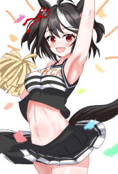 Rule 34 | 1girl, ahoge, animal ears, arm up, armpits, belly, black hair, cheerleader, commentary request, hair between eyes, hair ornament, horse ears, horse girl, horse tail, kitasan black (umamusume), looking at viewer, midriff, multicolored hair, navel, open mouth, pleated skirt, red eyes, simple background, skirt, solo, streaked hair, tail, tsumu618, umamusume, white background, white hair