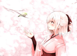 Rule 34 | 1girl, ahoge, bird, blonde hair, blush, bow, branch, cherry blossoms, commentary request, fate/grand order, fate (series), fuu (fuore), hair bow, half updo, highres, japanese clothes, kimono, koha-ace, long sleeves, obi, okita souji (fate), okita souji (koha-ace), open mouth, outstretched hand, pink kimono, profile, sash, short hair, solo, yellow eyes